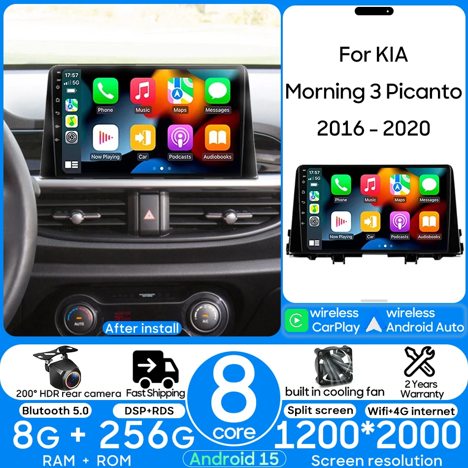 

Для KIA Morning 3 Picanto 2016-2020 Android 15 Автомобильный мультимедийный радиоприемник Видеоплеер Головное устройство Беспроводной CarPlay Авто Стерео 2din