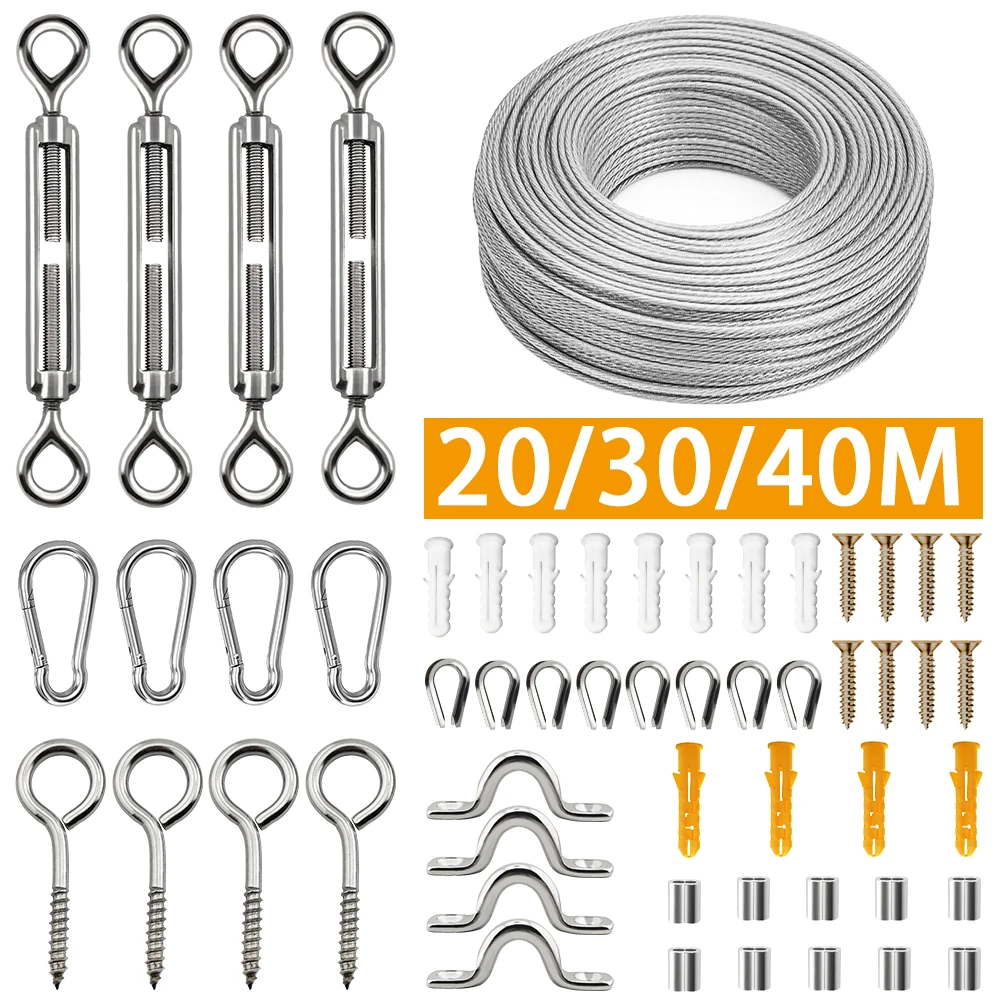 55Pieces/Set Steel Wire Rope Kit 20/30/40M 2mm Stainless Steel Wire Rope PVC Coating For Gardens Steel Wire Guardrails 2mmKit