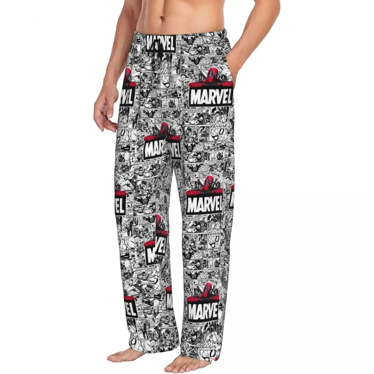 Novedad con estampado personalizado, pantalones de pijama con patrón de dibujos animados de Deadpool para hombres, animación, nuevos pantalones para dormir con bolsillos