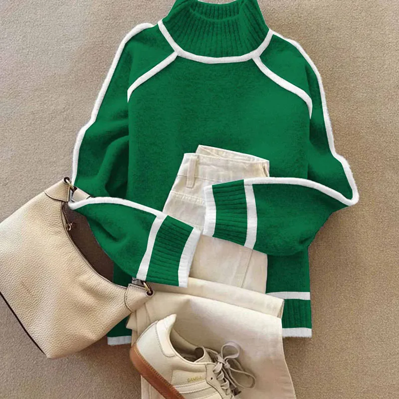 Dolcevita a costine autunno inverno maglione da donna retrò colore a contrasto maglieria top pullover casual manica lunga abbigliamento femminile caldo