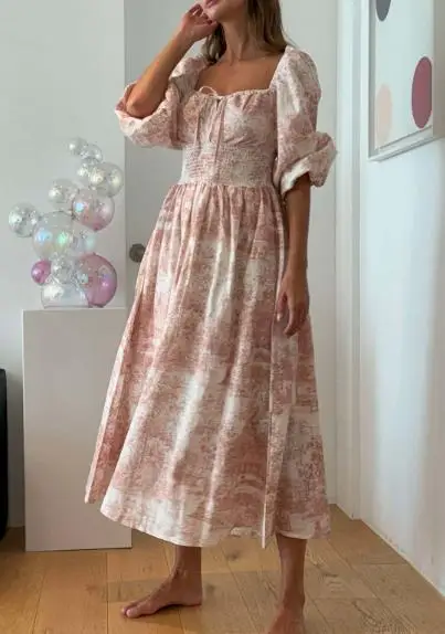 

Women Dresses 2026 Spring Autumn New Fashion Retro Printed Square Collar Backless Waist Cinching Casual Vacation Long Dress