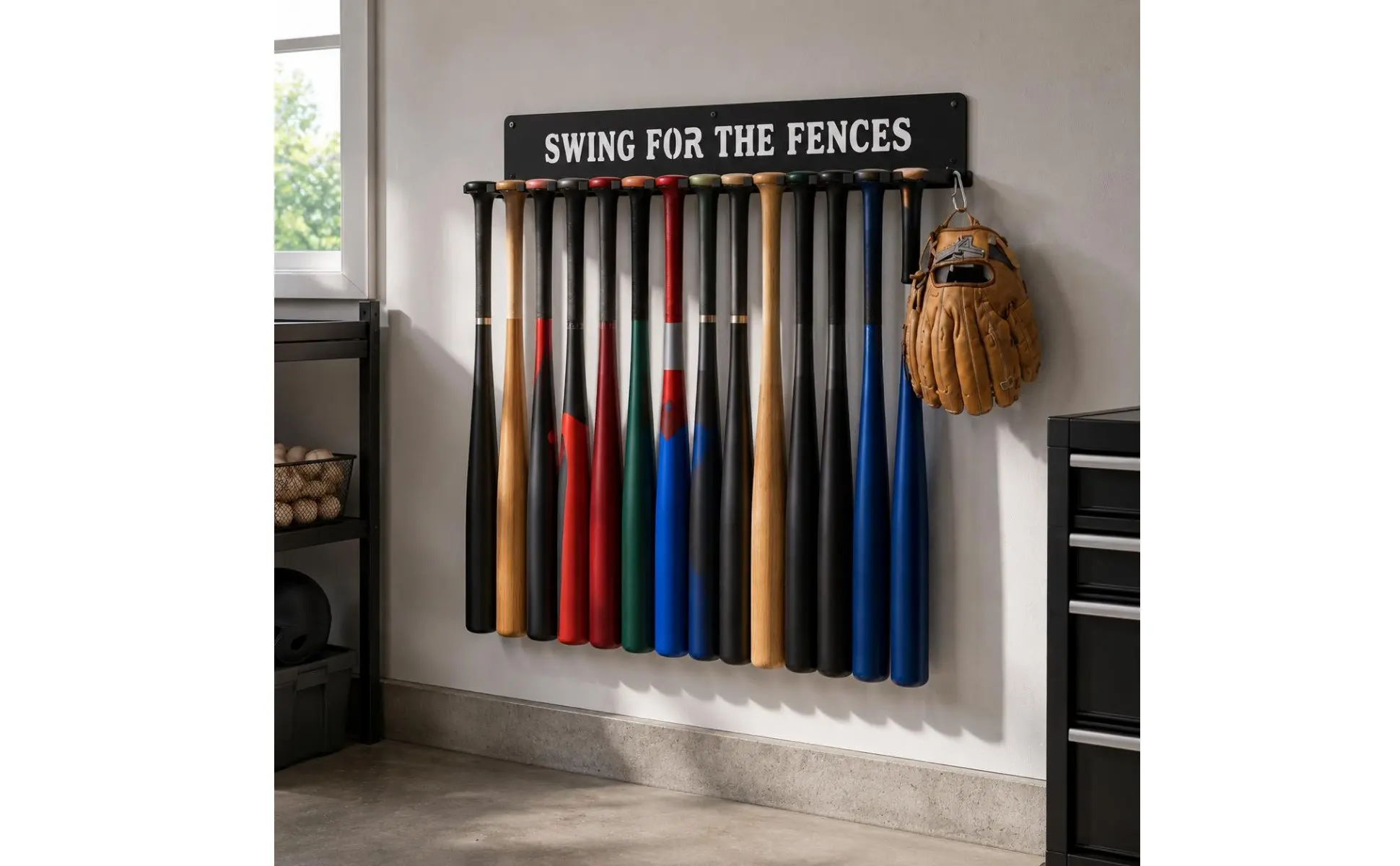 14 Bats 14 Sports Equipment Storage Rack Carabiner Hook Wall Mount Sports Equipment Rack Metal Construction Space Saving