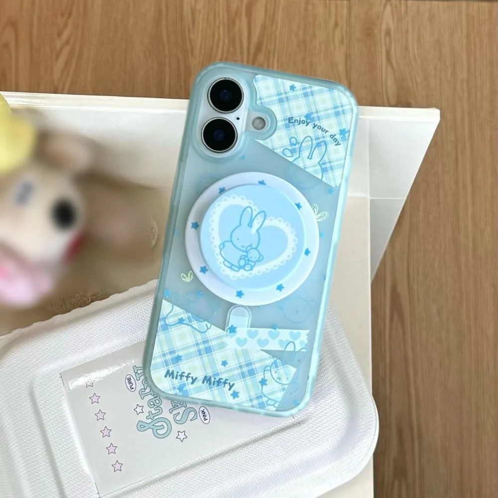 Miffy coelho caso de telefone kawaii azul xadrez miffy dos desenhos animados caso de telefone adequado para iphone 16 dos desenhos animados coelho urso titular