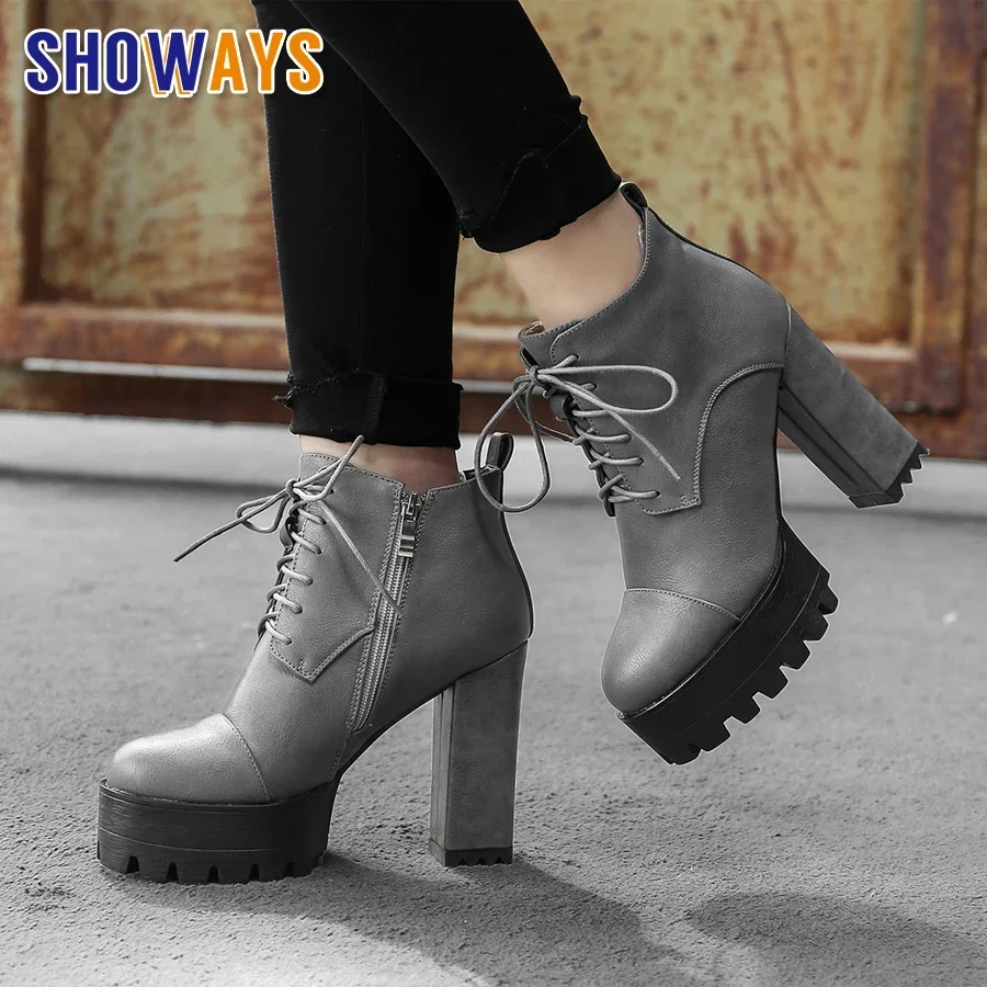 Winter British Women Platform Ankle Boots Black PU Round Toe Chunky Block High Heels Casual Lady Lace Vintage Zipper Short Boots