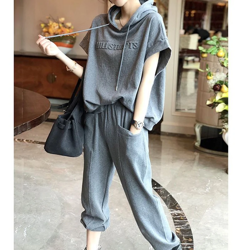 Summer Harajuku Y2K Solid Color Women\'s Set Round Neck Drawstring Batwing Sleeve Hoodies + Elastic Waist Pockets Casual Trousers