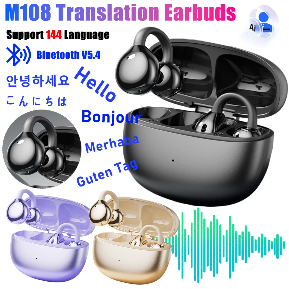 M108 Translators Headphone 144 Languages Translation Earbud Wireless Bluetooth-Compatible V5.4 Noise Deduction Translator Device