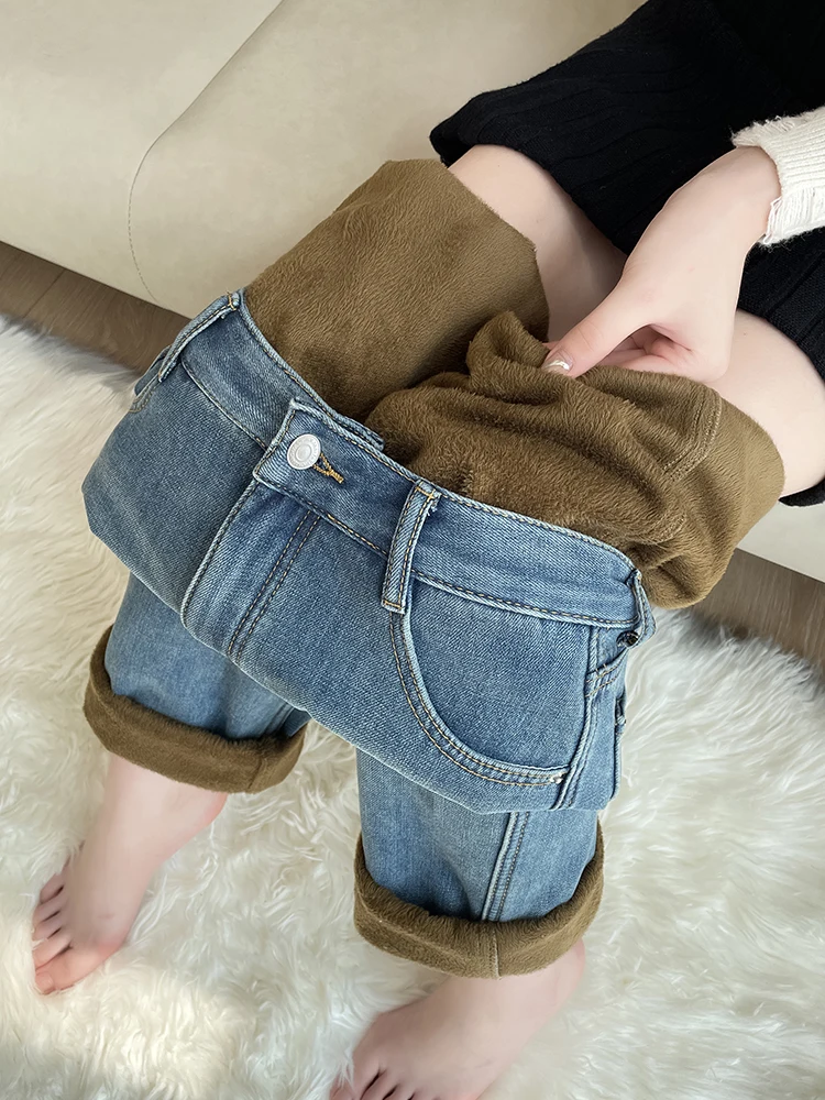 

Retro Velvet Winter Warm Jeans Women 2024 New Soft High Waist Wide Leg Loose Casual Denim Pants Y2K Streetwear Trousers Trendy