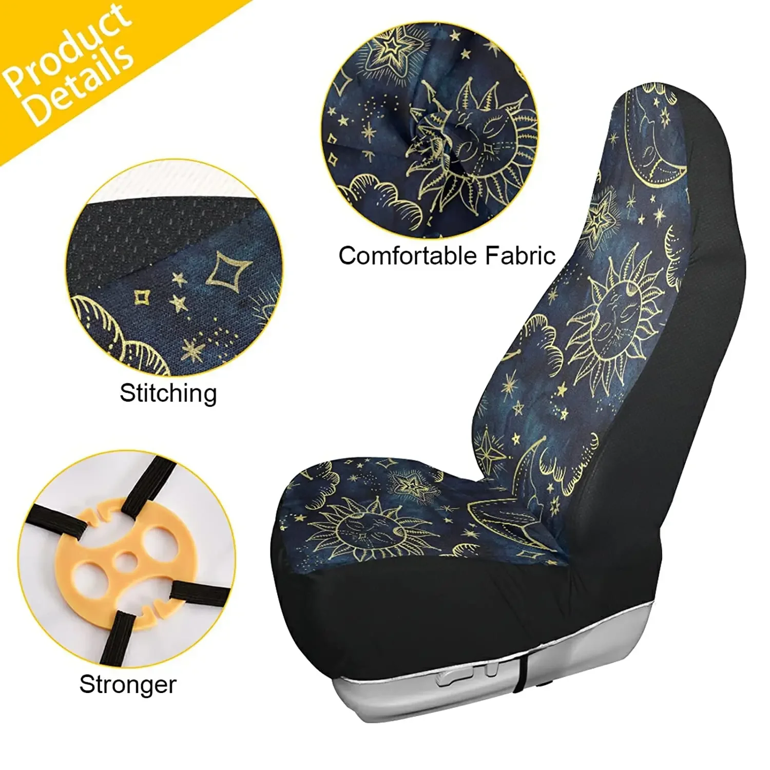 Sun Moon Boho Cosmos Astrology Car Seat Cover Front Seats Only for Women Men Seat Cover w/Organizer Pocket for Cars SUV 1 pc