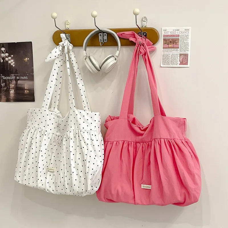 

Плиссированные женские холщовые сумки на плечо в горошек в стиле ретро, большая вместительная женская сумка подмышками, однотонная дорожная сумка-тоут для девочек, сумки