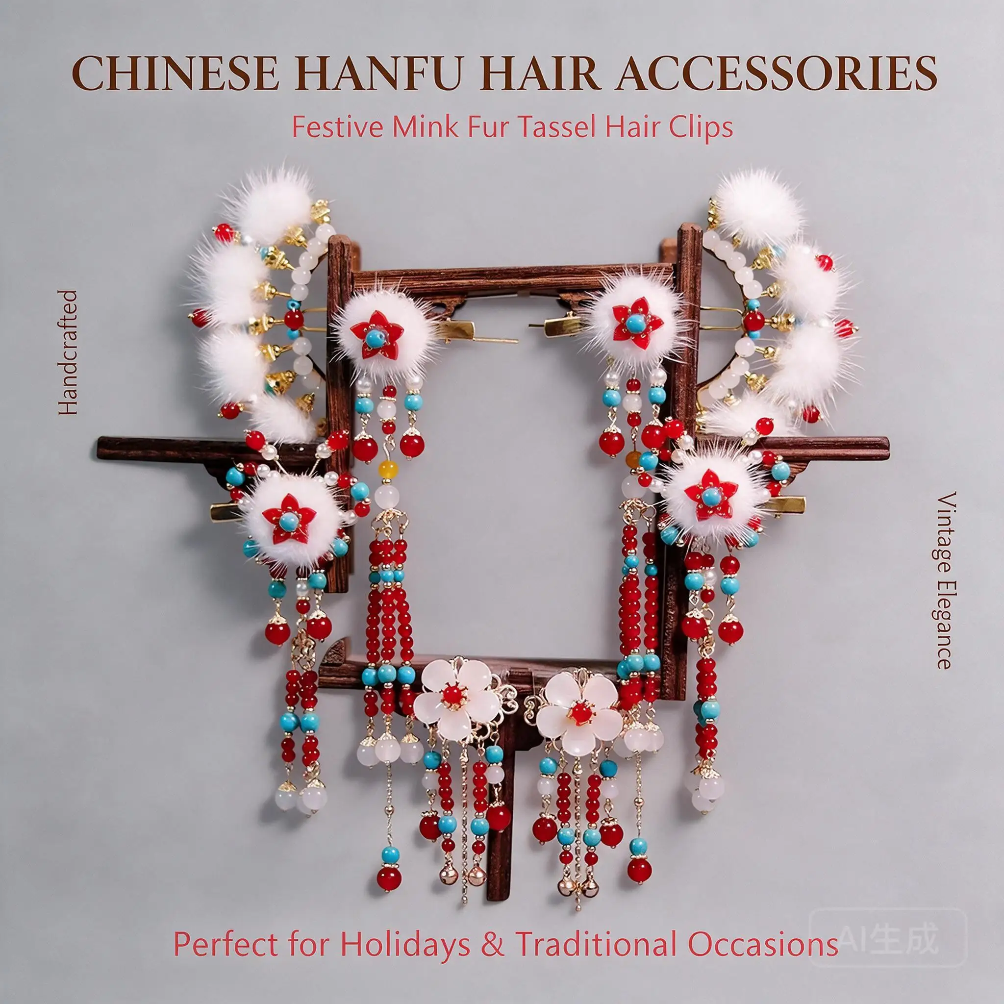 Fluffy Pom Pom Chinese New Year Hanfu Hair Accessories Beaded Tassel Clips Pins Set For Women Girls Cosplay Festival Party Wear