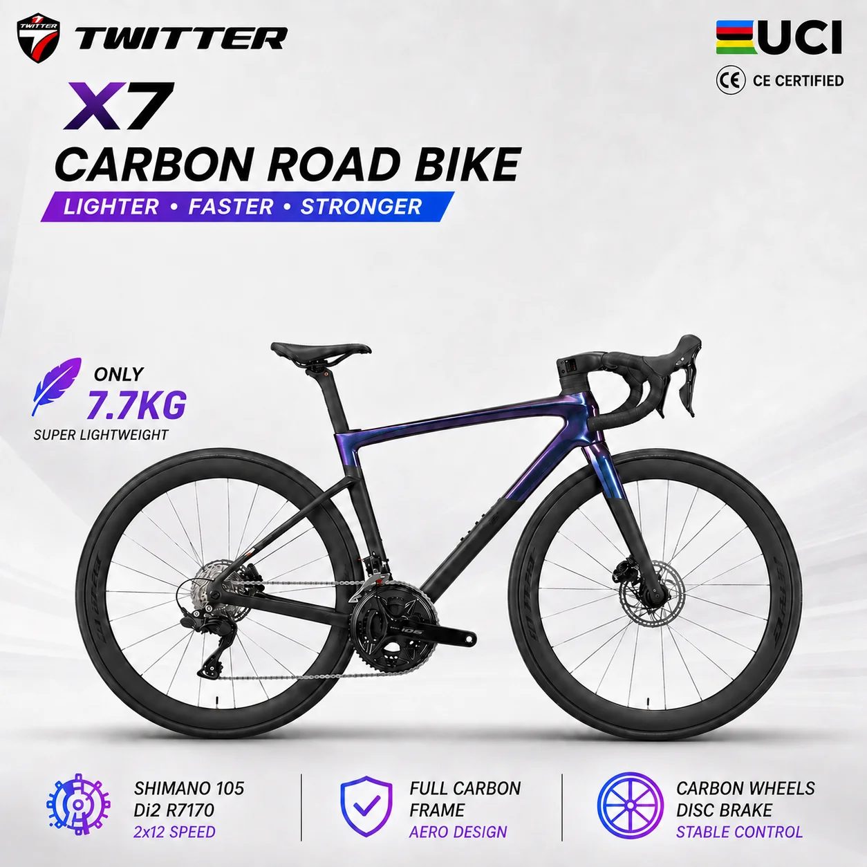 TWITTER X7 Full Carbon Road Bike Shimano 105 Di2 2x12 Speed 7.7KG Lightweight Carbon Wheelset Disc Brake Racing Bicycle