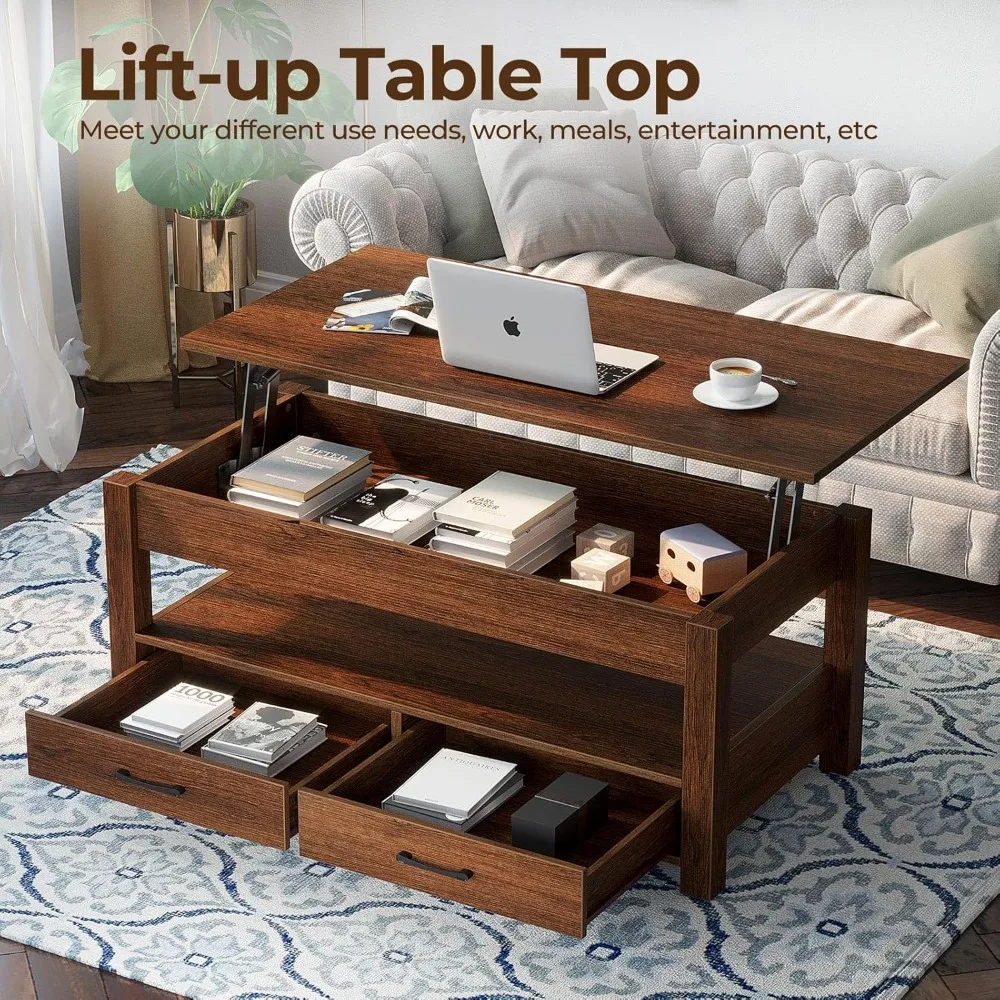 Lift Top Coffee Table with Drawers and Hidden Compartment, Retro Central Table with Wooden Lift Tabletop, for Living Room