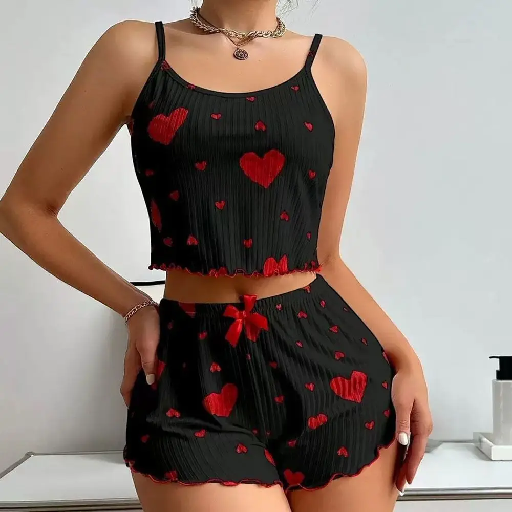 Two-Piece Set Summer Thin Pajamas Homewear Set Solid Color Sling Pajamas Polyester Leisure Suit Ladies