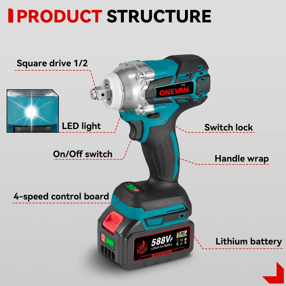 ONEVAN 520N.M Brushless Electric Wrench 1/2" Socket Cordless Wrench Screwdriver Car Repair Power Tool for 21V 18V Battery