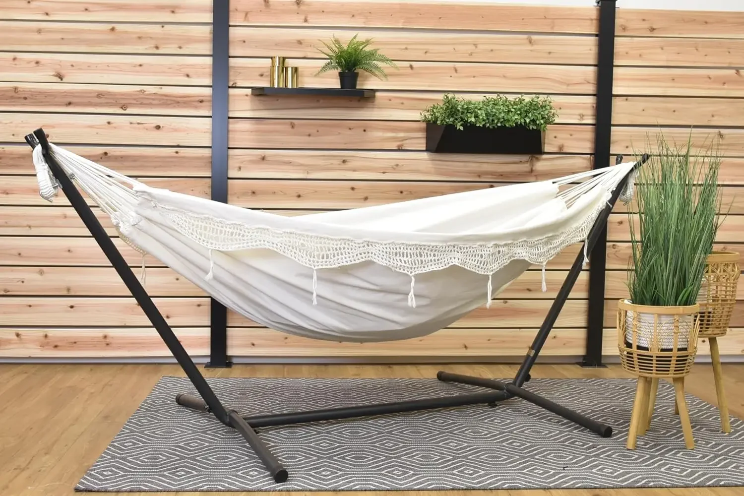

Double Cotton Hammock with Space Saving Steel Stand, Upgraded Polyester End Strings 450 lb Capacity