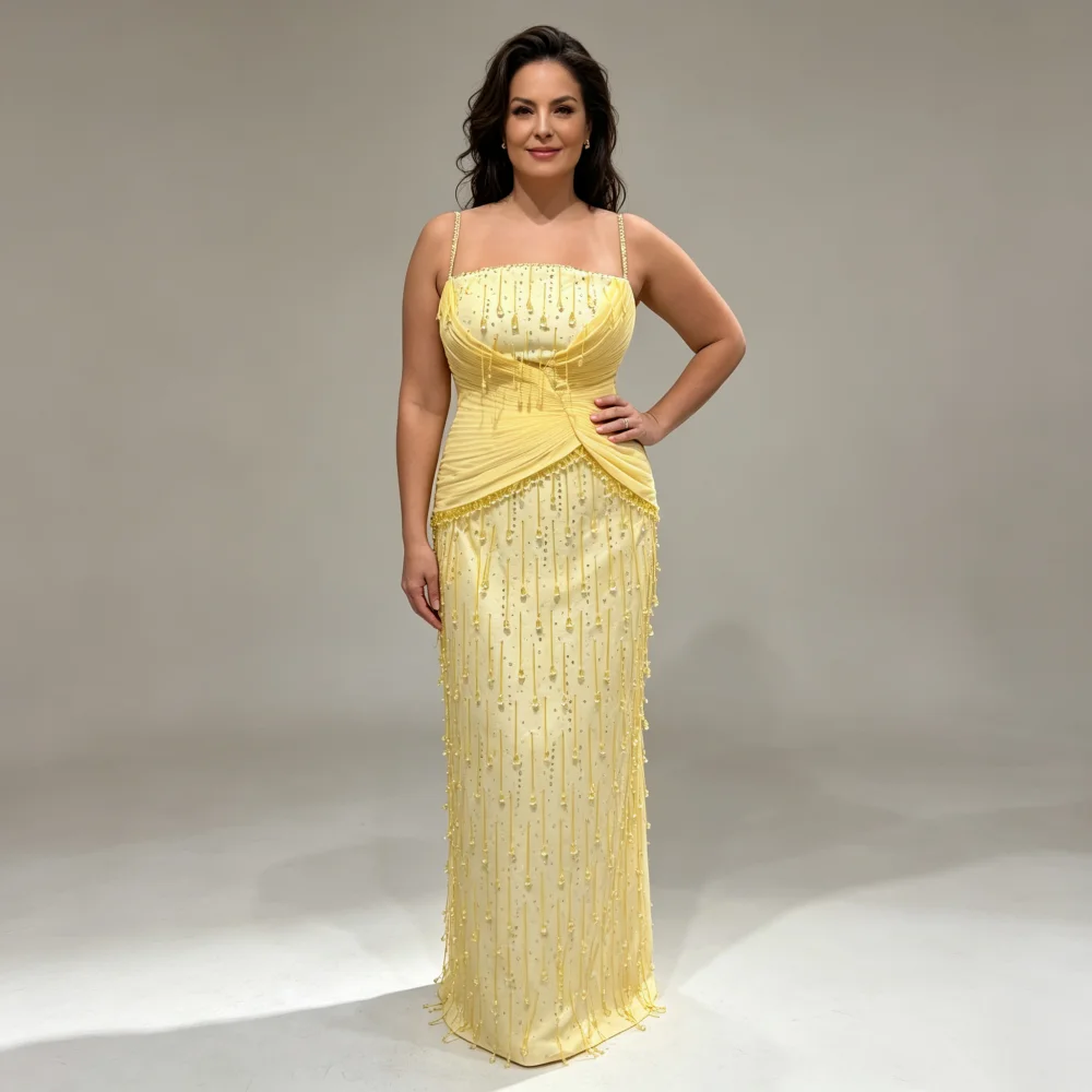 Customized Yellow Spaghetti Strap Pleated Draped Mother Of Bride Dresses Crystal Tassel Mermaid Train Formal Wedding Guest Gown