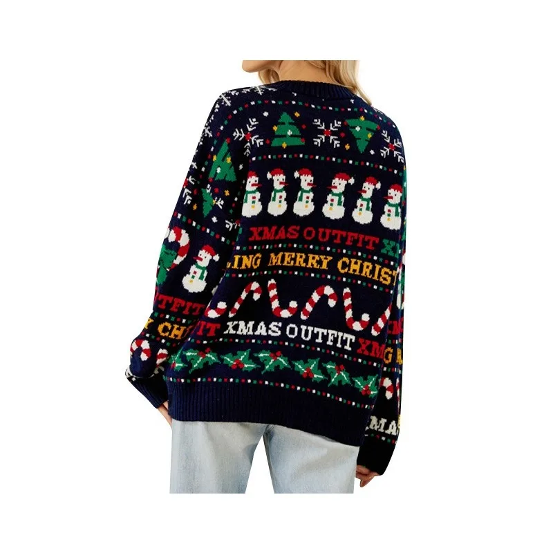 2025, lockerer Strickpullover, Herbst/Winter, Weihnachtsbaum, Rundhalsausschnitt, Wollpullover, kleiner Schneemann, Pailletten, Weihnachts-Wollmantel