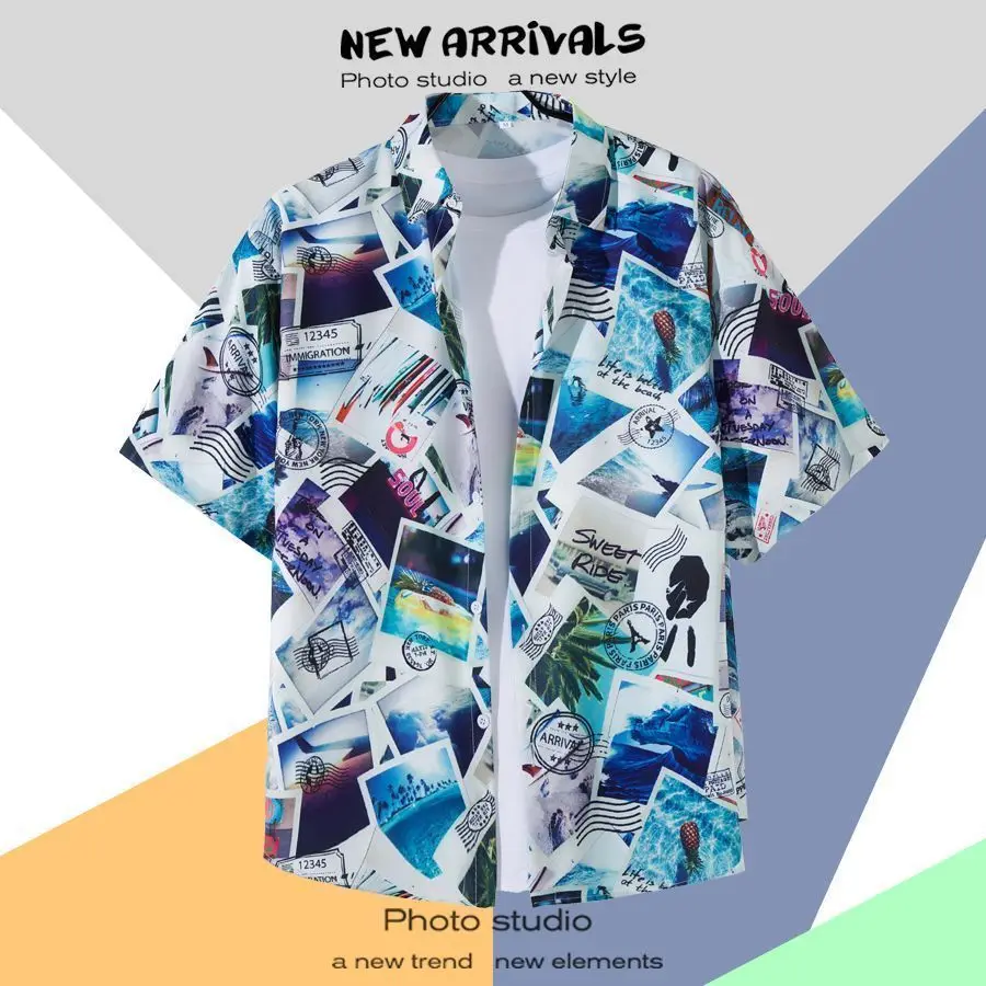 Hawaiian Short Sleeved Shirt Vintage Loose Fitting Couple Beach Beach Ins Shirt Without Lining Only Single Piece Shirt Top