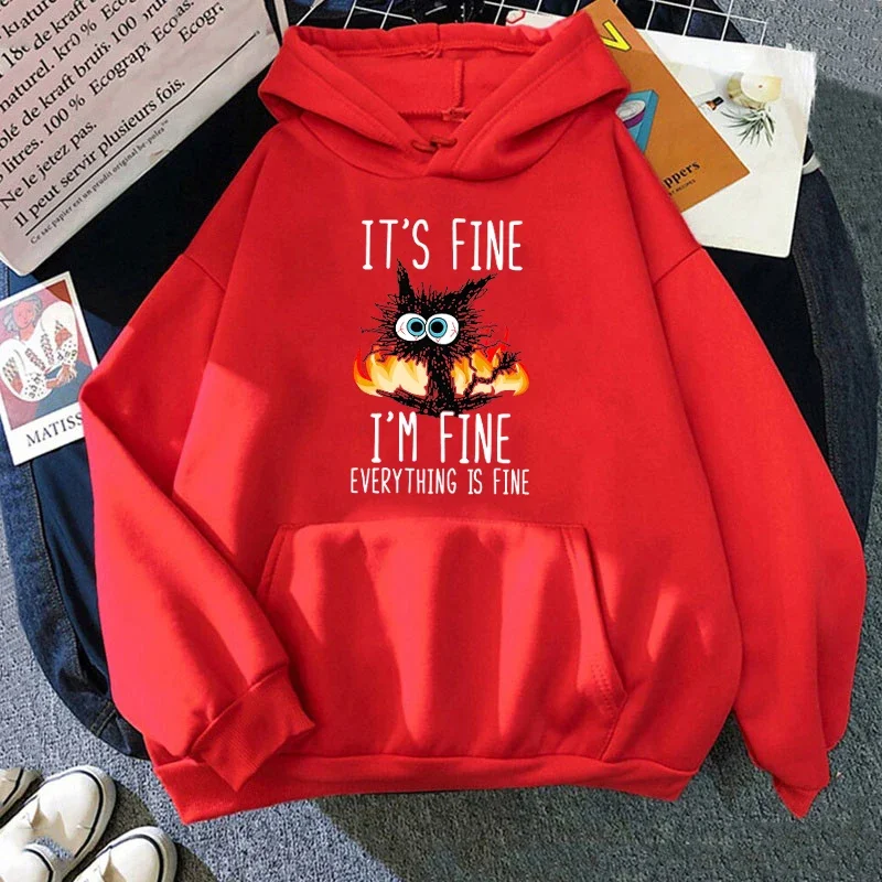 2025 Plus Size Cat Its Fine Im Fine Everything Is Fine Printed Women Hoodies Autumn Winter Hoodie Pullover Hooded