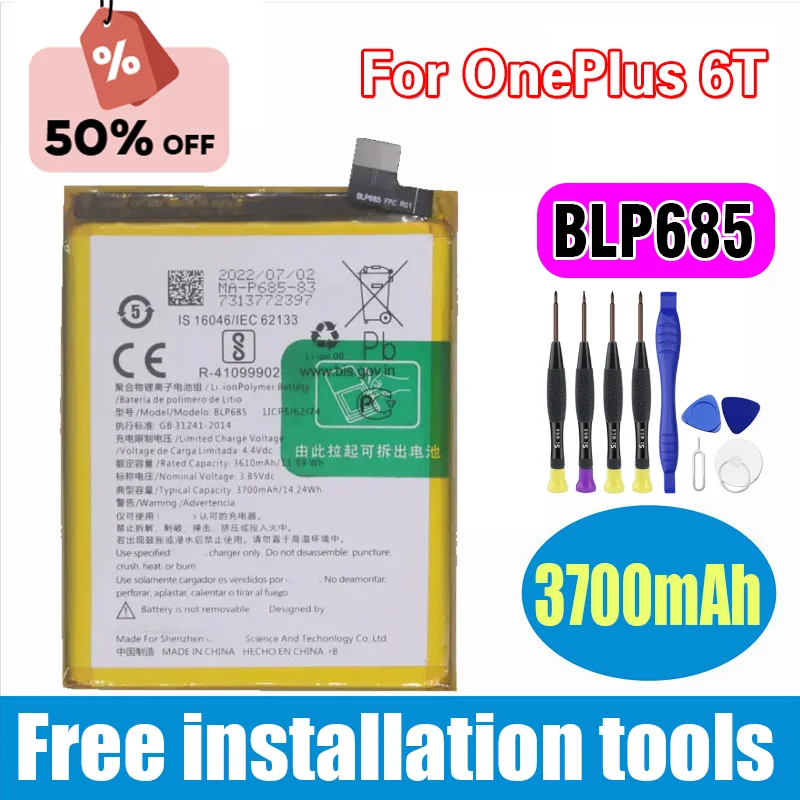 

1x 3700mAh / 14.24Wh BLP685 Replacement Battery For OnePlus 6T One Plus 6T Batterie Bateria Batterij