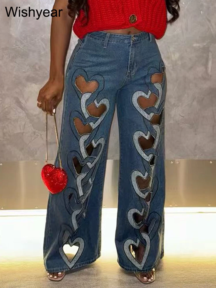 Fashion Heart Partern Hollow Out Blue Baggy Jeans Women‘s High Waist Patchwork Button Streetwear Loose Denim Wide Legs Pants New