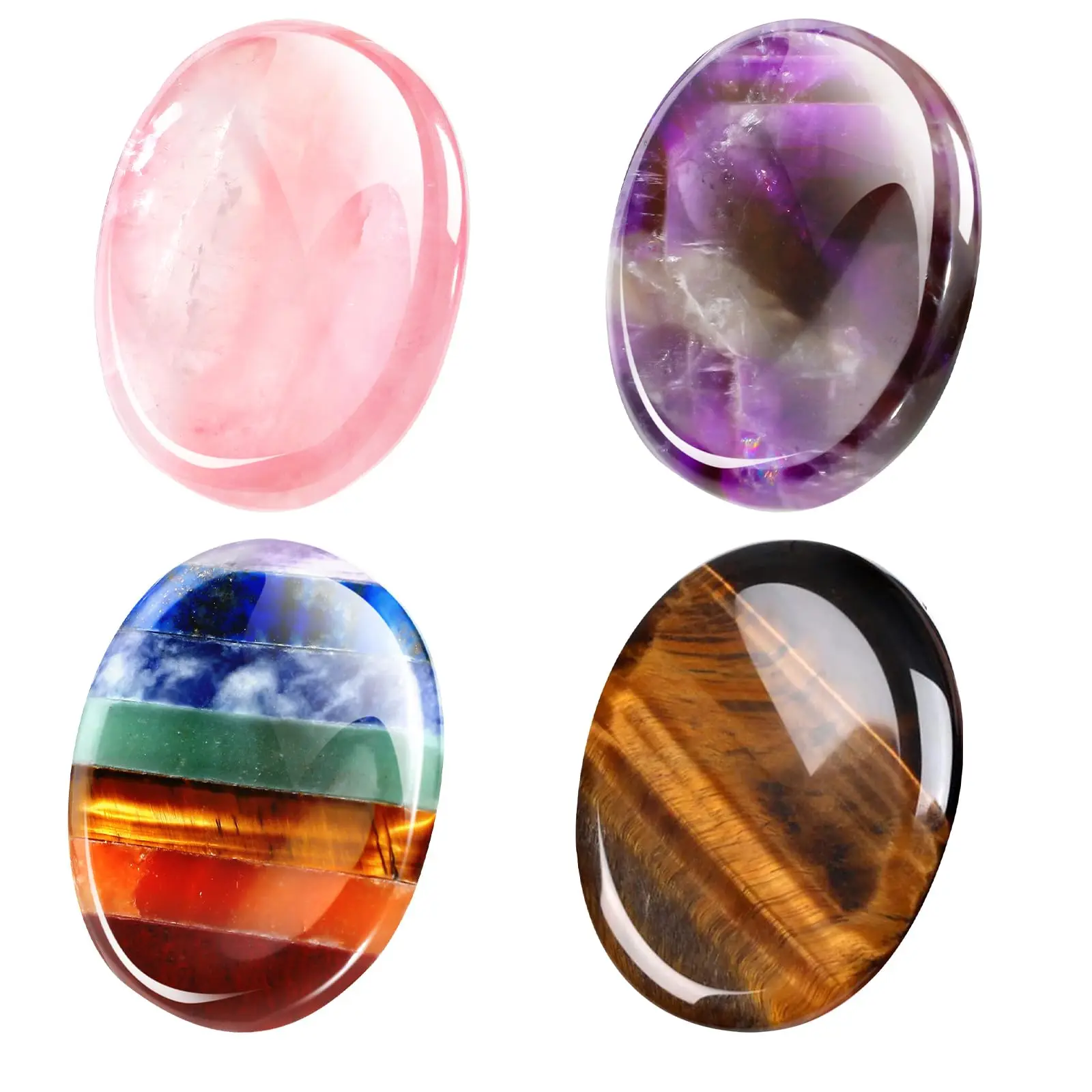 4 Pcs Thumb Worry Stone for Anxiety Stones Pink Crystal Amethyst Tiger Eye Quartz Obsidian Anxiety Stone for Stress Meditation