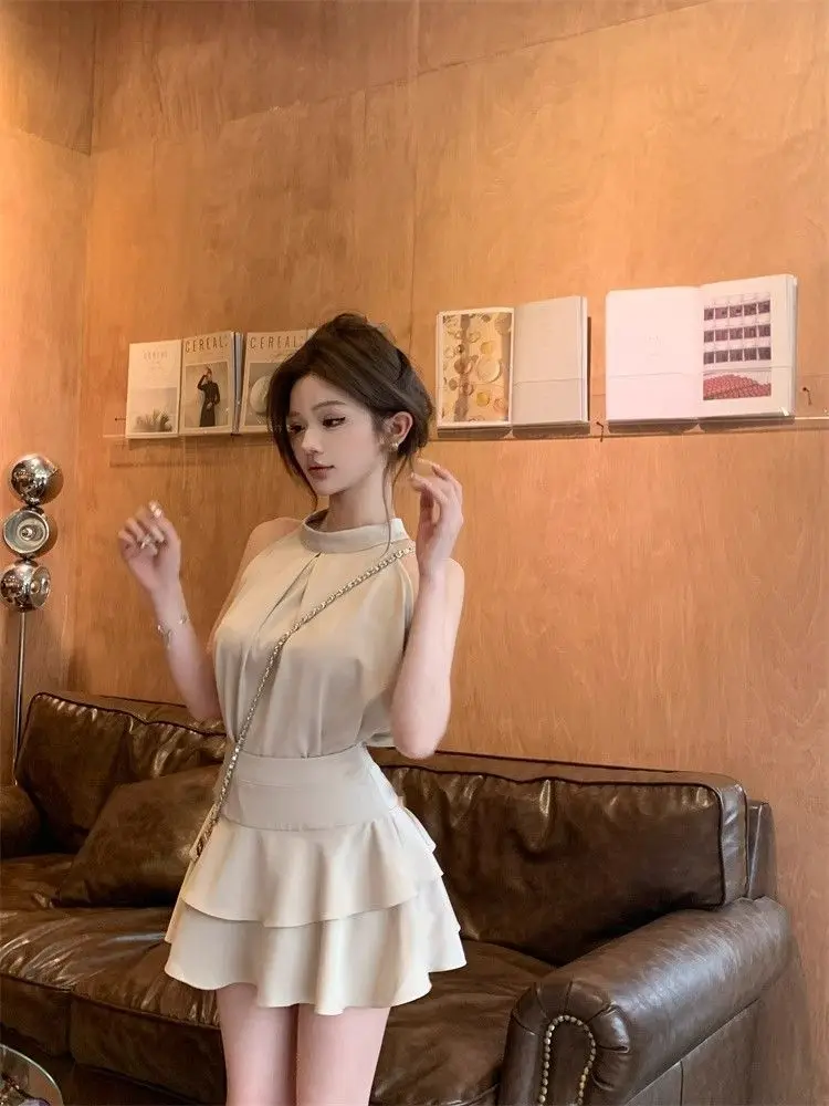 2000s Aesthetic Sexy Vintage 2 Piece Sets Women Sleeveless Y2k Sweet Elegant Mini Skirt Suit Female Solid Korea Style Clothes