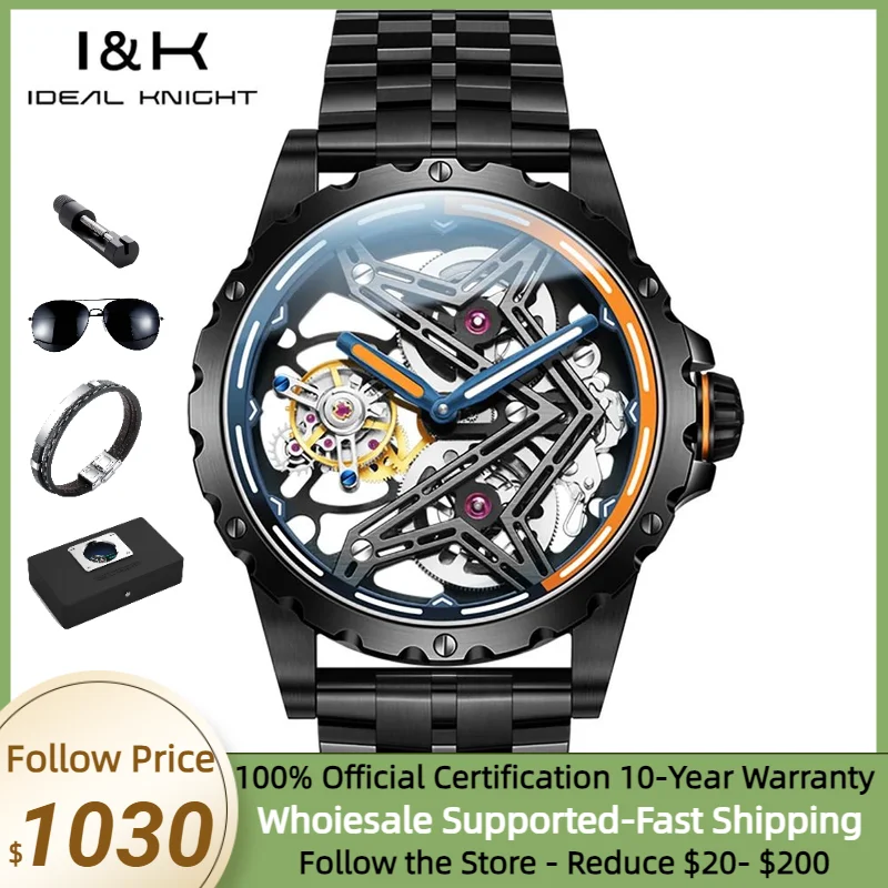 IDEAL KNIGHT 6803 Fashion Watch Tourbillon Fully Automatic Movement Deep Waterproof Hollow Skeleton Two tone Luminous Effect