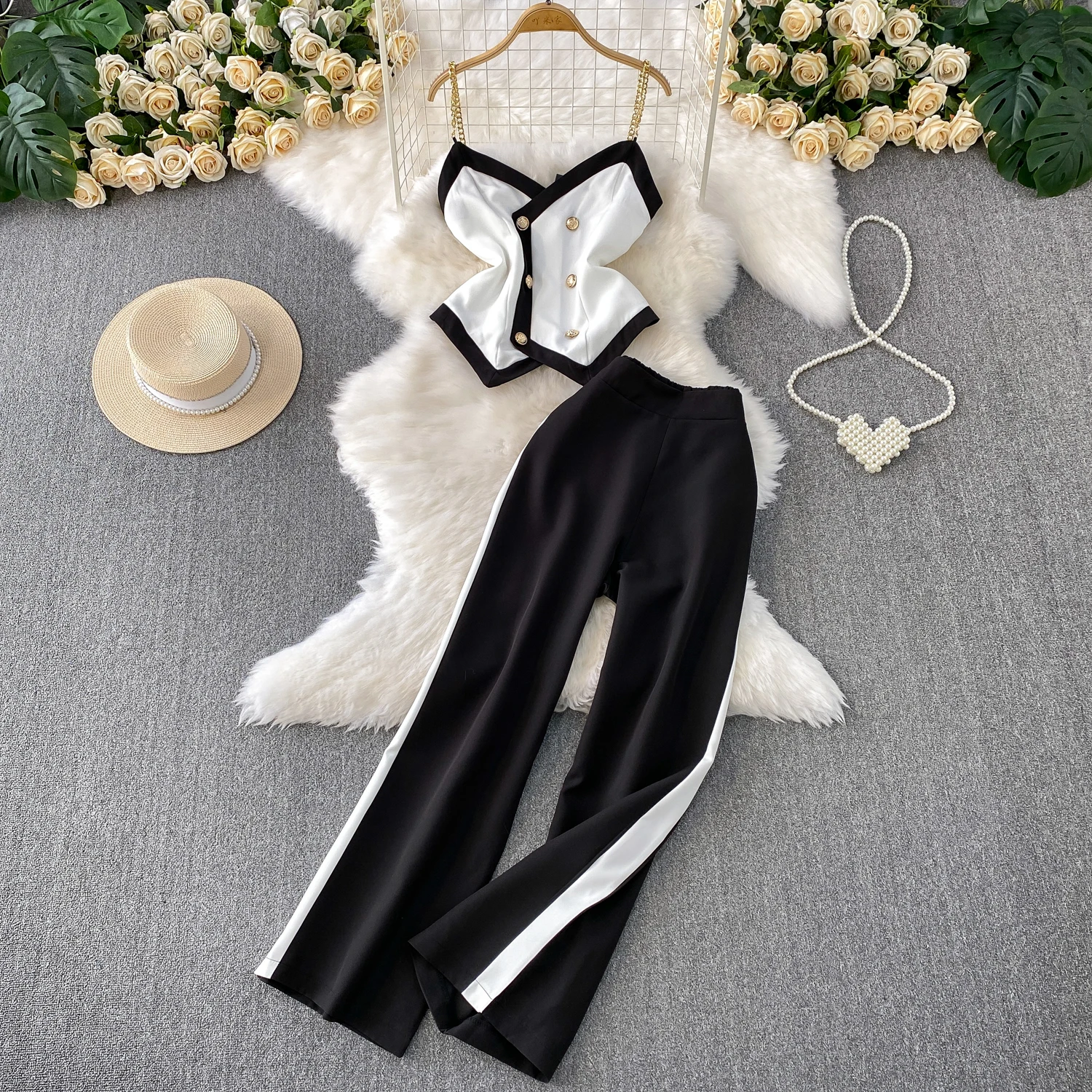 

Women's Summer 2 Piece Set Irregular V-Neck Contrast Color Double Breasted Chain Sling Top+High Waist Wide Leg Pants