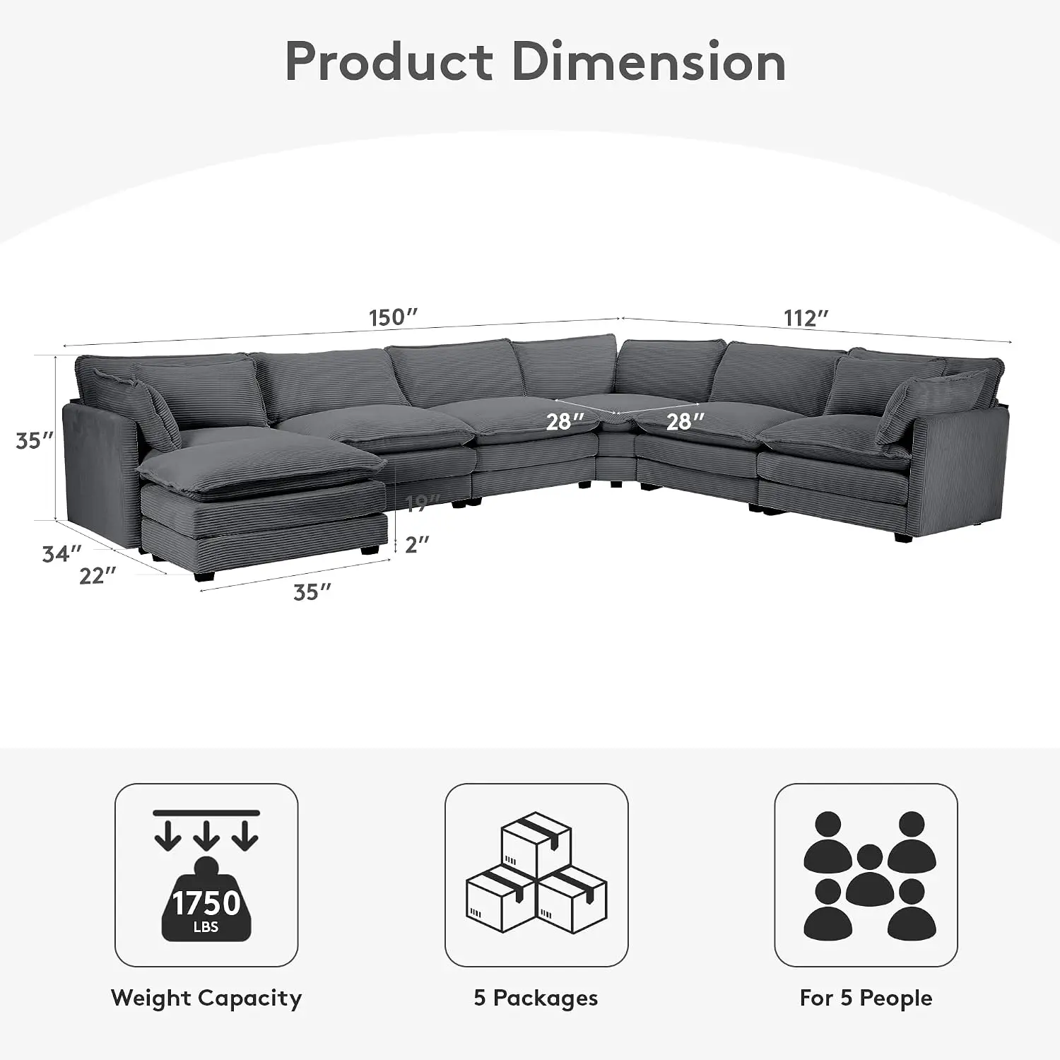150'' Modular Sectional Corner Cloud Couch, 7 Seater Sofa Big Comfy Corduroy V Shaped Couch with 4 Throw Pillows, Movable Ottoma