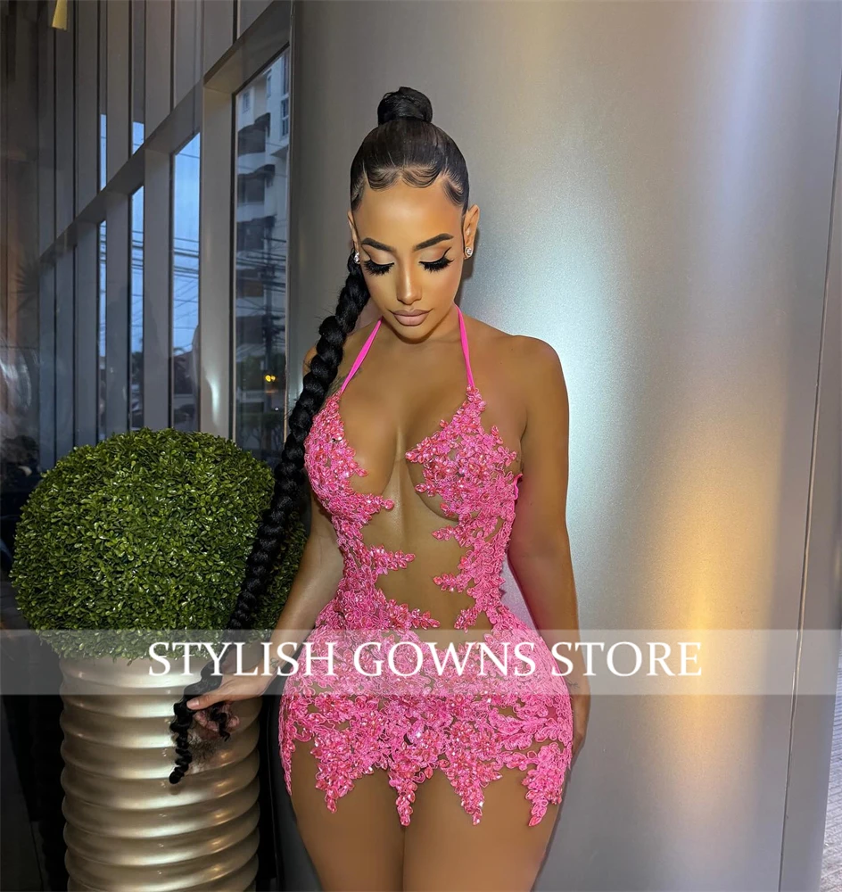 Fuchsia Appliques Prom Dresses Short For Black Girl Bead Crystal 2024 Birthday Luxury Dress Halter Mini Cocktail Customized