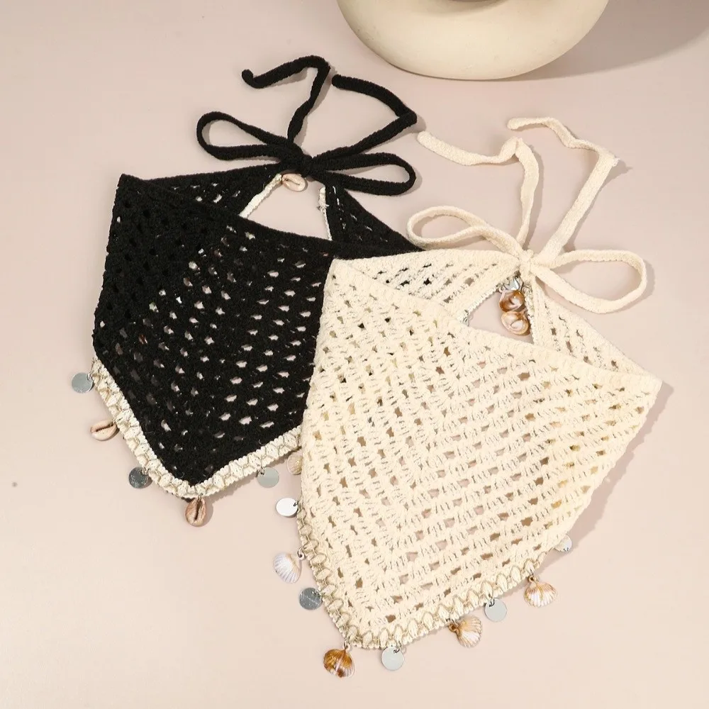 Seashell Tassel Triangle Scarf Headband Ethnic Forest Style Crochet Head Wrap Soft Elegant Hollow Out Headscarf Vacation Wear