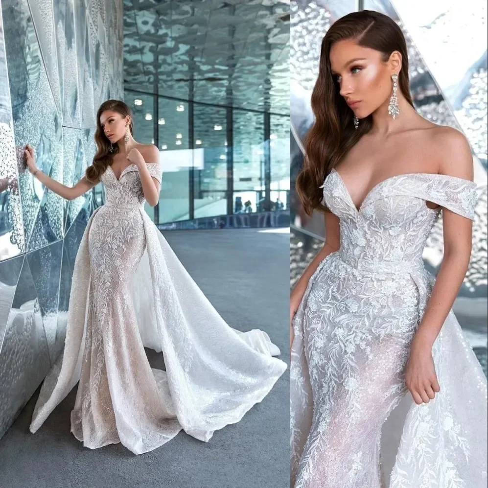

Luxury Mermaid Wedding Dresses Off Shoulder Lace Appliqued Sequined Beads Detachable Train Bridal Gowns Customized