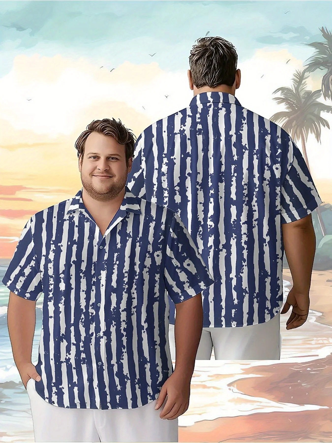 

Men's Plus Size Hawaiian Shirts Navy Stripes Pattern, Summer Casual Tops, Suitable for Outdoor and Party, Streetwear