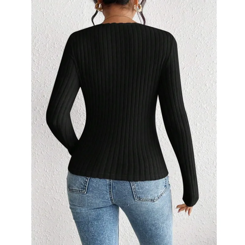 Sweater hitam rajut lengan panjang wanita, atasan leher persegi Slim Fit seksi potongan rendah kasual serbaguna gadis Pullover