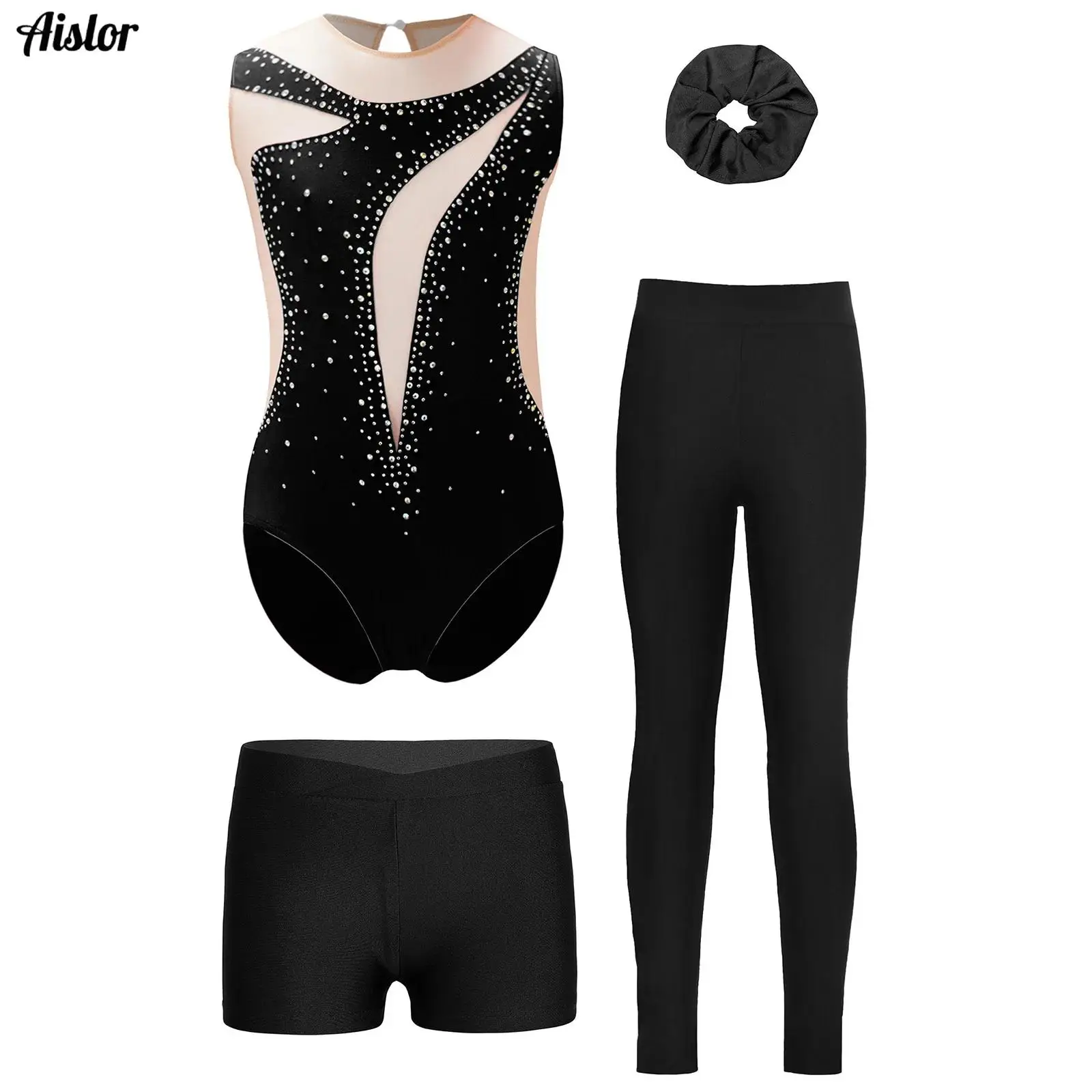 

4Pcs Kids Girls Gymnastics Figure Skating Leotard Outfit Sheer Mesh Patchwork Shiny Rhinestone Bodysuit Ballet Dance Costume