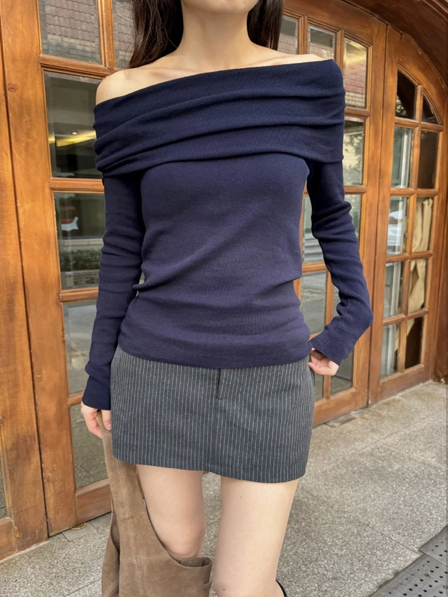 New Navy Knit Long Sleeve T-shirts Women Sexy Slash Neck Solid Simple Slim Cotton Tees Vintage Casual Preppy Style T Shirt Y2k