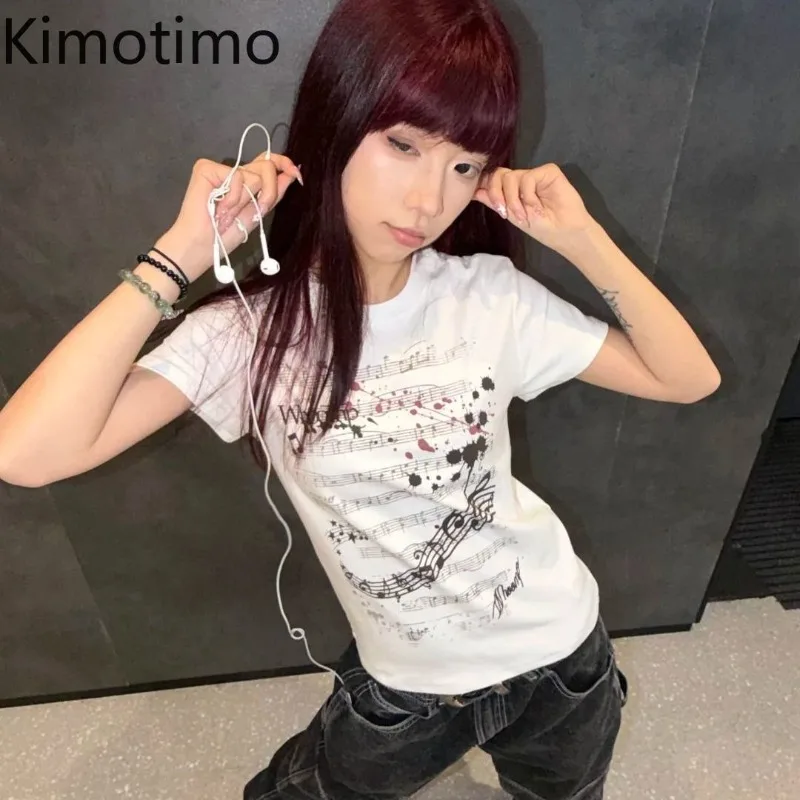 Kimotimo Y2k Aesthetic Printed Short Sleeve T-shirt Women Summer Cute O-neck Slim Waist Vintage Tops Harajuku Punk Grunge Tees