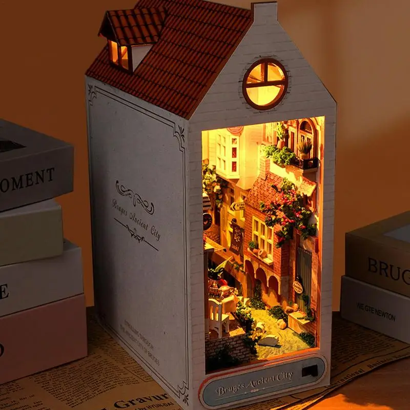 

Miniature Cabin Book Nook Wooden Bookend Kits with LED Lights Artistic Sense Craft Decoration for Study Room Kids Room Bedroom