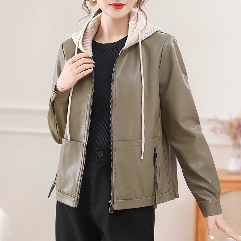 2025 Nuova Primavera Autunno Chic Giacche di pelle Capispalla corto Moda donna Cuciture Giacca di pelle con cappuccio allentata Top