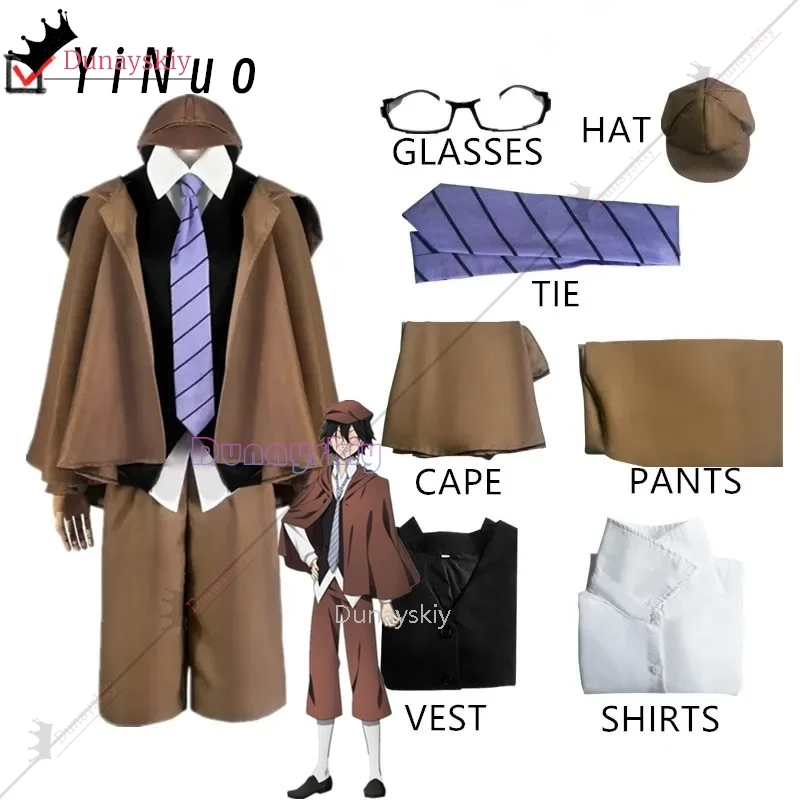 Ranpo Edogawa Cosplay Costume Wig Anime BSD Season 4 Hunting Dog Cloak Hat Glove Jacket Pants Tie Black Short Hair