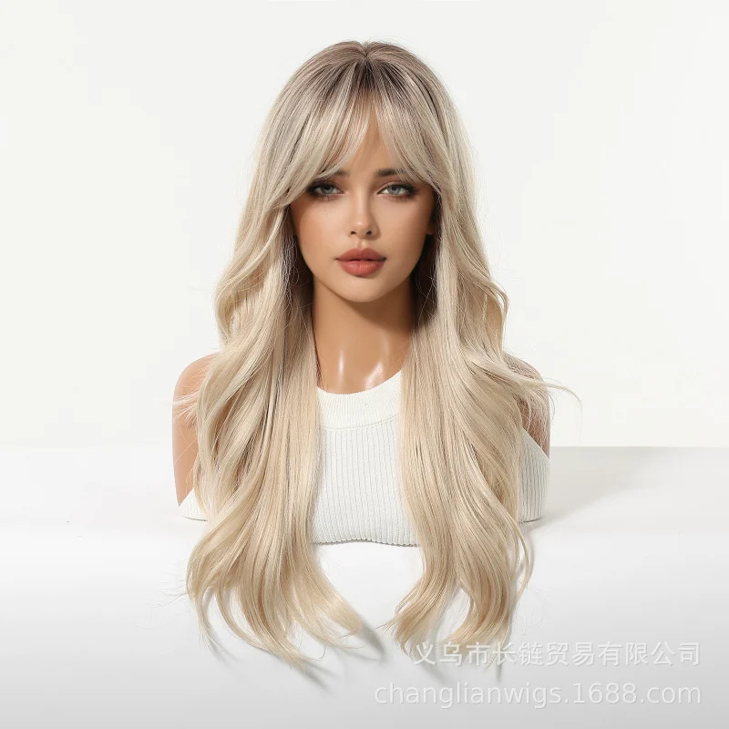 

European and American women's golden wavy long curly hair , hot-selling gradient wigs, full head cover, natural, direct from