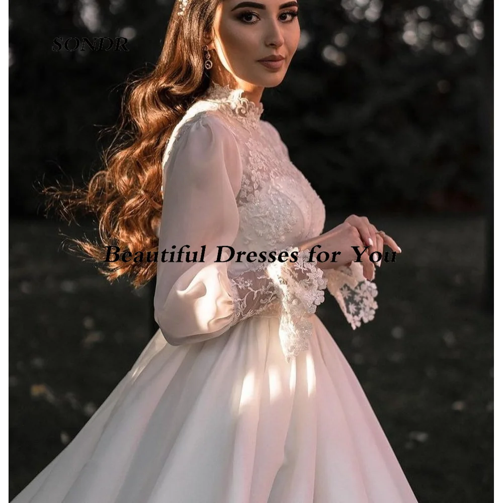 SONDR-vestidos De novia hasta el suelo con cuello alto, traje De Organza, línea A, hecho a medida, De noche