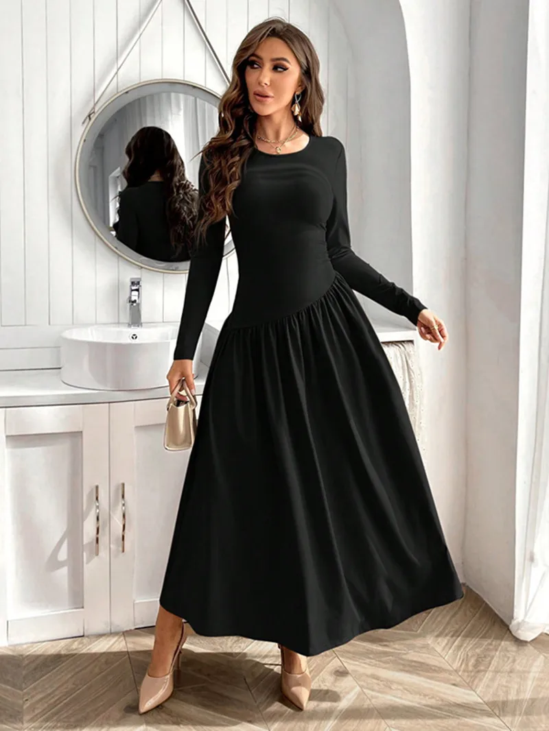 Women Solid Full Sleeve Dresses Autumn And Winter Sexy Black Long Dress Patchwork Fold Slim Fit Casual Shirt Fashion Y2k Clothes