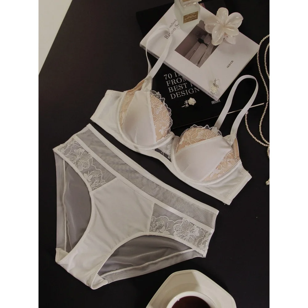 Women Plus Size Lace Bra Set Color Block Thin Cup Big Bust D Cup Full Coverage Brassiere Lingerie Curvy Female Everyday Outfit（