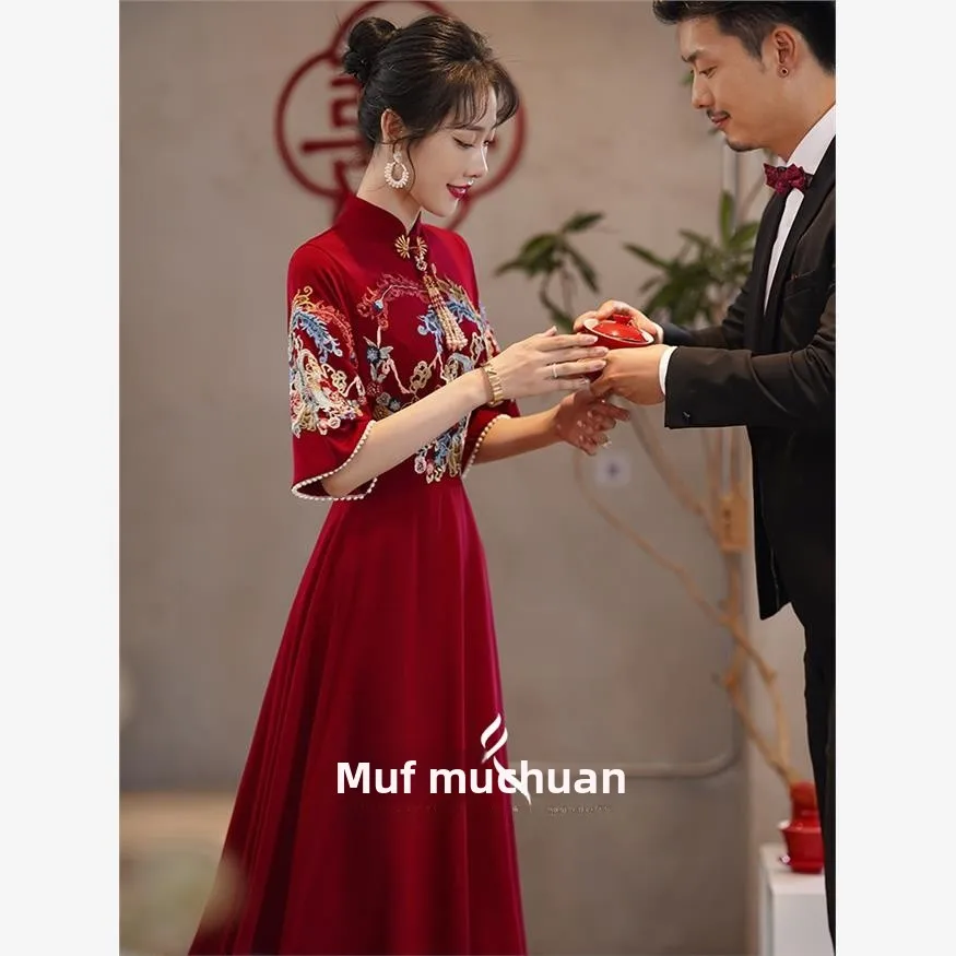 

Chinese Sle Long Wedding Dr Red Color for Engagement And Thank You Banquet Women's Faionable Princ Skirt Silhouette