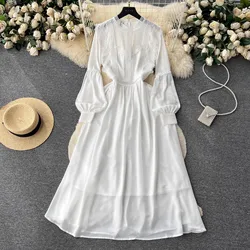 JAMERARY Autumn Elegant Patchwork Lace Chiffon White Midi Dress Women's Long Lantern Sleeve Evening Robe Party Vestidos