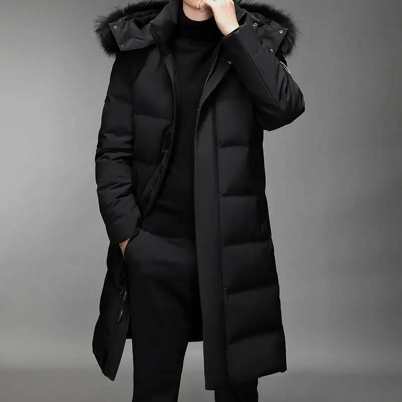 

Winter Long Men's Light Luxury Fur Collar Hooded Windproof White Duck Down Warm Coat Korean Thick Snow Puffer Jacket
