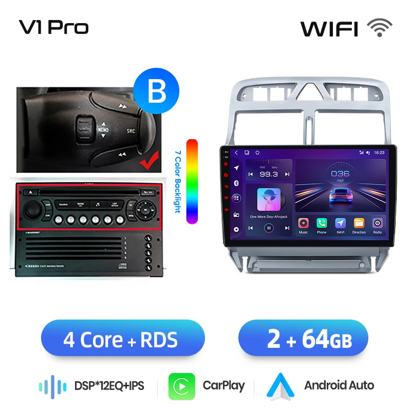 Junsun draadloze CarPlay Android Auto autoradio voor Peugeot 307 (Hatchback/SW/CC) 2001-2008 met ingebouwde koelventilator, Android GPS navigatie, multimediaspeler, WiFi, DSP, RDS, BT, SWC, IPS