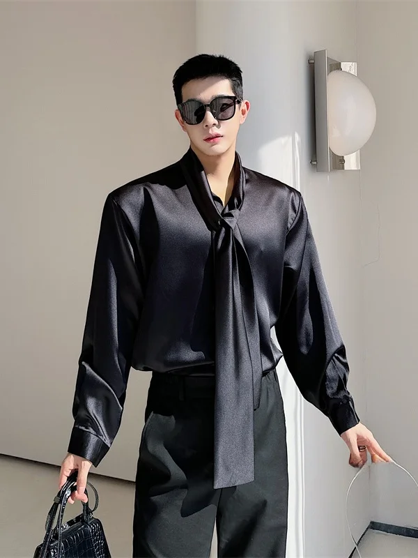 

Spring Summer Men's Long Sve Satin irt Loose Casual Sle Classic Color Faionable Trendy French Collar Busin ...